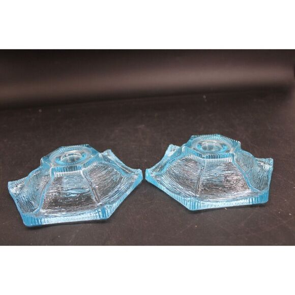 Vtg LE Smith Texture Glass Aqua Blue Hexagon Starfish Candle Holder Set of 2 - Picture 6 of 8